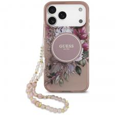 Huse si carcase iPhone 17 Pro Max, Carcasa Guess IML Flowers Pearl Strap cu MagSafe compatibila cu iPhone 17 Pro Max, Roz, lerato.ro