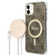 Set Guess 4G Print, Carcasa cu MagSafe si Incarcator Wireless, compatibil cu iPhone 11, Maro