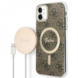 Set Guess 4G Print, Carcasa cu MagSafe si Incarcator Wireless, compatibil cu iPhone 11, Maro