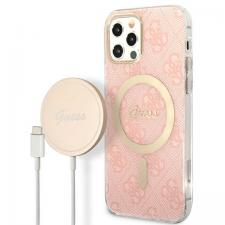 Set Guess 4G Print, Carcasa cu MagSafe si Incarcator Wireless, compatibil cu iPhone 12/12 Pro, Roz