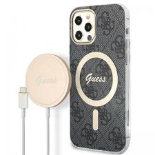 Set Guess 4G Print, Carcasa cu MagSafe si Incarcator Wireless, compatibil cu iPhone 12/12 Pro, Negru