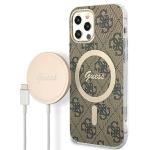 Set Guess 4G Print, Carcasa cu MagSafe si Incarcator Wireless, compatibil cu iPhone 12/12 Pro, Maro 2 - lerato.ro
