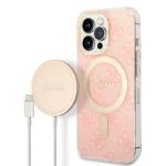 Set Guess 4G Print, Carcasa cu MagSafe si Incarcator Wireless, compatibil cu iPhone 13 Pro, Roz 2 - lerato.ro