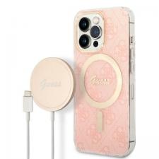 Set Guess 4G Print, Carcasa cu MagSafe si Incarcator Wireless, compatibil cu iPhone 13 Pro, Roz