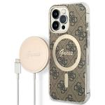 Set Guess 4G Print, Carcasa cu MagSafe si Incarcator Wireless, compatibil cu iPhone 13 Pro, Maro 2 - lerato.ro