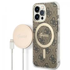 Set Guess 4G Print, Carcasa cu MagSafe si Incarcator Wireless, compatibil cu iPhone 13 Pro, Maro