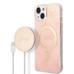 Set Guess 4G Print, Carcasa cu MagSafe si Incarcator Wireless, compatibil cu iPhone 14 Plus / 15 Plus, Roz 2 - lerato.ro