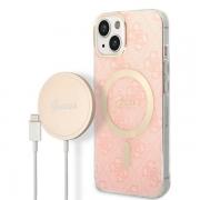 Set Guess 4G Print, Carcasa cu MagSafe si Incarcator Wireless, compatibil cu iPhone 14 Plus / 15 Plus, Roz