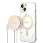 Set Guess Marble, Carcasa cu MagSafe si Incarcator Wireless, compatibil cu iPhone 14 Plus / 15 Plus, Alb 2 - lerato.ro