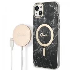 Set Guess Marble, Carcasa cu MagSafe si Incarcator Wireless, compatibil cu iPhone 14 Plus / 15 Plus, Negru