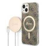 Set Guess 4G Print, Carcasa cu MagSafe si Incarcator Wireless, compatibil cu iPhone 13 / 14 / 15, Maro 2 - lerato.ro