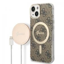Set Guess 4G Print, Carcasa cu MagSafe si Incarcator Wireless, compatibil cu iPhone 13 / 14 / 15, Maro