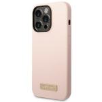 Carcasa Guess Silicone Logo Plate cu MagSafe compatibila cu iPhone 14 Pro Max, Roz 3 - lerato.ro