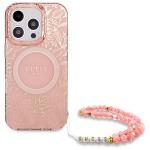 Carcasa Guess IML Flowers Allover Electro Pearl Strap cu MagSafe compatibila cu iPhone 16 Pro, Roz 2 - lerato.ro