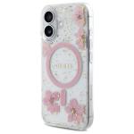 Carcasa Guess Resin Flower Glitter MagSafe compatibila cu iPhone 16, Roz 3 - lerato.ro
