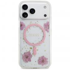 Carcasa Guess Resin Flowers Glitter cu MagSafe compatibila cu iPhone 17 Pro Max, Roz