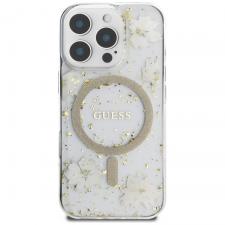 Carcasa Guess Resin Flowers Glitter cu MagSafe compatibila cu iPhone 16 Pro, Bej
