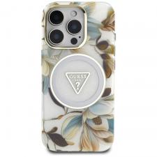 Carcasa Guess Glitter Flowers Triangle Buttons cu MagSafe compatibila cu iPhone 16 Pro Max, Alb