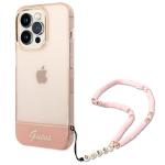 Carcasa Guess Translucent Pearl Strap compatibila cu iPhone 14 Pro, Roz 2 - lerato.ro