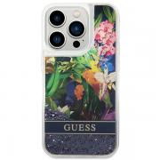 Carcasa Guess Flower Liquid Glitter compatibila cu iPhone 14 Pro, Albastru