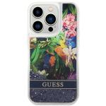 Carcasa Guess Flower Liquid Glitter compatibila cu iPhone 14 Pro Max, Albastru 2 - lerato.ro
