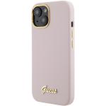 Carcasa Guess Silicone Script Metal Logo and Frame compatibila cu iPhone 15, Roz 3 - lerato.ro