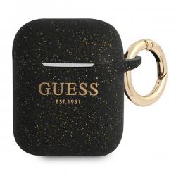Carcasa Guess Silicone Glitter compatibila cu Apple AirPods 1/2, Negru
