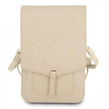 Huse universale / waterproof pentru telefoane, Geanta universala Guess Saffiano Script, 16 x 10 cm, 2 compartimente, Gold, lerato.ro