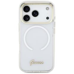 Husa Guess IML Gradient Script Metal cu MagSafe compatibila cu iPhone 17 Pro Max, Alb