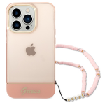Carcasa Guess Translucent Pearl Strap compatibila cu iPhone 14 Pro Max, Roz 2 - lerato.ro