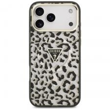 Husa Guess IML Leopard Glitter Triangle Logo cu MagSafe compatibila cu iPhone 18 Pro Max / 17 Pro Max, Negru