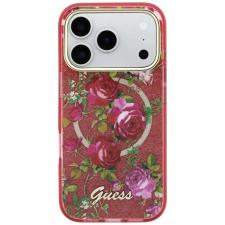 Husa Guess Glitter Blossom Roses compatibila cu iPhone 18 Pro Max / 17 Pro Max, Burgundy