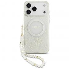 Husa GuessI ML Flowers Allover Electroplated Pearl Strap cu MagSafe compatibila cu iPhone 18 Pro Max / 17 Pro Max, Alb