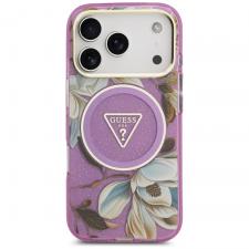 Huse si carcase iPhone 18 Pro, Husa Guess IML Glitter Flowers Triangle cu MagSafe compatibila cu iPhone 18 Pro / 17 Pro, Violet, lerato.ro