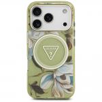 Husa Guess IML Glitter Flowers Triangle cu MagSafe compatibila cu iPhone 18 Pro / 17 Pro, Verde 2 - lerato.ro