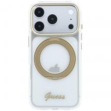 Huse si carcase iPhone 18 Pro, Husa Guess IML Ring Stand 360 Script Metal Logo cu MagSafe compatibila cu iPhone 18 Pro / 17 Pro, Transparent, lerato.ro
