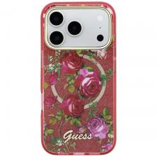 Husa Guess IML Glitter Blossom Roses cu MagSafe compatibila cu iPhone 18 Pro / 17 Pro, Burgundy
