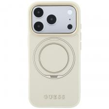 Huse si carcase iPhone 17 Pro, Husa Guess Ring Stand 360 Grained Classic Logo cu MagSafe compatibila cu iPhone 18 Pro / 17 Pro, Bej, lerato.ro