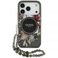 Huse si carcase iPhone 17 Pro, Husa Guess IML Flowers Pearl Strap cu MagSafe compatibila cu iPhone 18 Pro / 17 Pro, Negru, lerato.ro