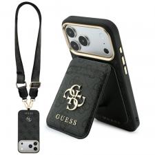 Huse si carcase iPhone 17 Pro, Husa Guess 4G cu MagSafe, Wallet si Lanyard compatibila cu iPhone 18 Pro / 17 Pro, Negru, lerato.ro