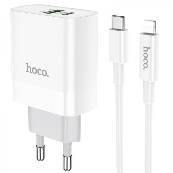 Incarcator retea Hoco C80A, USB/USB-C, Quick Charge 3.0, Power Delivery 20W, Cablu Lightning inclus, Alb