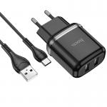 Incarcator retea Hoco N4, Dual USB, Fast Charge, 2.4A, 12W, Cablu USB-C inclus, Negru