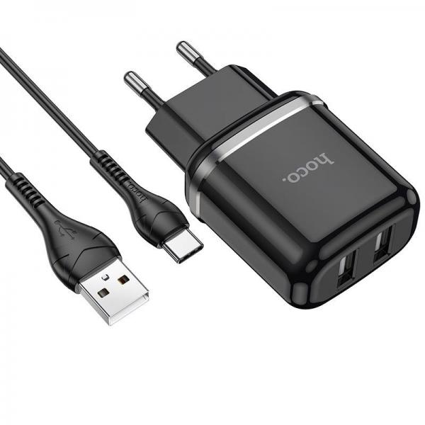 Incarcator retea Hoco N4, Dual USB, Fast Charge, 2.4A, 12W, Cablu USB-C inclus, Negru 1 - lerato.ro