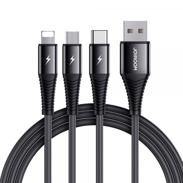 Cablu pentru incarcare si transfer de date Joyroom 3 in 1 S-1230G4, USB Type-C/Lightning/Micro-USB, 1.2m, Negru 1 - lerato.ro