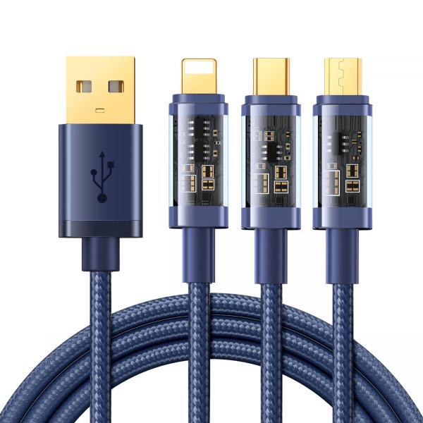 Cablu pentru incarcare si transfer de date Joyroom 3 in 1 S-1T3015A5, USB - USB Type-C/Lightning/Micro-USB, 1.2m, 3.5A, Albastru 1 - lerato.ro