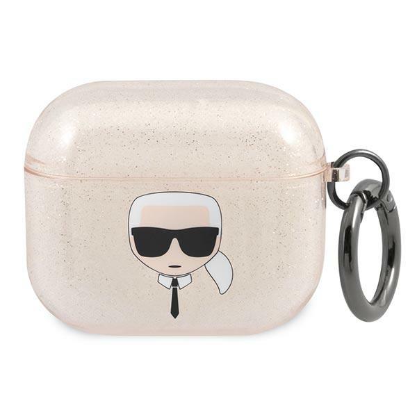 Carcasa Karl Lagerfeld KLA3UKHGD Glitter Karl`s Head compatibila cu Apple AirPods 3 Gold