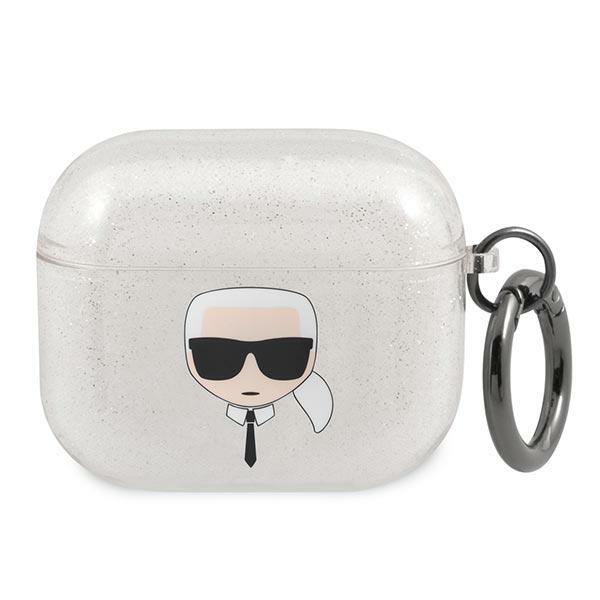 Carcasa Karl Lagerfeld KLA3UKHGS Glitter Karl`s Head compatibila cu Apple AirPods 3 Silver