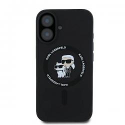 Husa Karl Lagerfeld compatibila cu iPhone 16 Plus, Silicone Karl & Choupette Heads Ring MagSafe, Negru