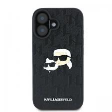 Husa Karl Lagerfeld compatibila cu iPhone 16, Monogram Karl & Choupette Head Pin, Negru