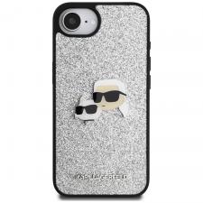 Husa Karl Lagerfeld compatibila cu iPhone 16e, Fixed Glitter Ikonik Metal Pin, Argintiu